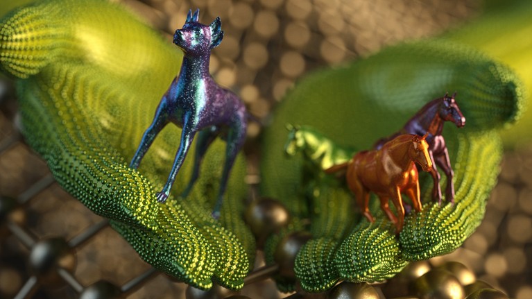 Hands wearing green gloves hold small figurines of horses and a dog