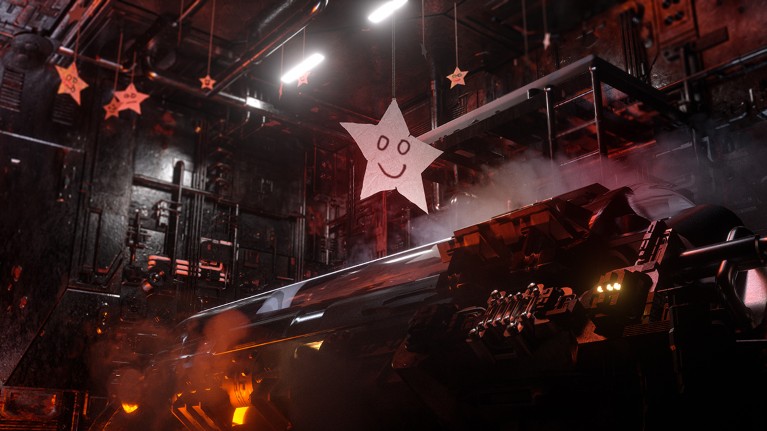 A selection of paper stars hang from the ceiling above a cryopod in the dark hold of a spaceship