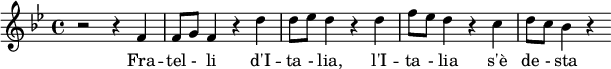 \relative f' { \clef treble \time 4/4 \key bes \major r2 r4 f4 f8 g8 f4 r4 d'4 d8 ees8 d4 r4 d4 f8 ees8 d4 r4 c4 d8 c8 bes4 r4 } \addlyrics { Fra -- tel - li d'I -- ta - lia, l'I -- ta - lia s'è de - sta }