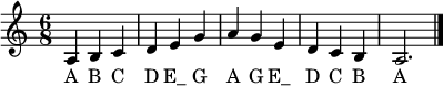 
  \relative c' { 
    \key a \minor 
    \time 6/8 
    a b c d e g | a g e d c b | a2.
    \bar "|." 
  }
  \addlyrics {
    A B C D "E_" G A G "E_" D C B A
  }
