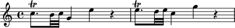 
\header {
  tagline = ##f
}

\score {
  \new Staff \with {

  }
<<
  \relative c'' {
    \key c \major
    \time 4/4
    \override TupletBracket #'bracket-visibility = ##f 
    \autoBeamOff

     %%%%%%%%%%%%%%%%%%%%%%%%%% K6
     c8.\trill[ b32 c] g4 e' r4 e8.\trill[ d32 e] c4 g' r4

  }
>>
  \layout {
    \context {
      \remove "Metronome_mark_engraver"
    }
  }
  \midi {}
}
