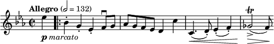 
\new Staff \with {midiInstrument = #"violin"}
\relative c'' {
\tempo "Allegro" 2 = 132
\key es \major
\time 2/2
\partial 4
es_\markup{\dynamic p \italic marcato} | \bar ".|:"
bes-. g-. es-. f8\downbow g |
as g f es d4 c' |
c,4.(\< d8-.) es4-.( f-.) |
ges2->(\trill\> f8)\!
}
