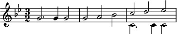 
\header {
  tagline = ##f
}

\score {
  \new Staff \with {

  }
<<
  \relative c'' {
    \key bes \major
    \time 3/2
    \override TupletBracket #'bracket-visibility = ##f 
    \autoBeamOff

     %%%%%%%%%%%%%%%%%%%%%%%%%% K20
     g2. g4 g2 g a bes 
     << { c d ees } \\ { c,2. c4 c2 } >>

  }
>>
  \layout {
    \context {
      \remove "Metronome_mark_engraver"
    }
  }
  \midi {}
}
