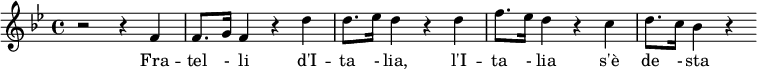 \relative f' { \clef treble \time 4/4 \key bes \major r2 r4 f4 f8. g16 f4 r4 d'4 d8. ees16 d4 r4 d4 f8. ees16 d4 r4 c4 d8. c16 bes4 r4 } \addlyrics { Fra -- tel - li d'I -- ta - lia, l'I -- ta - lia s'è de - sta }