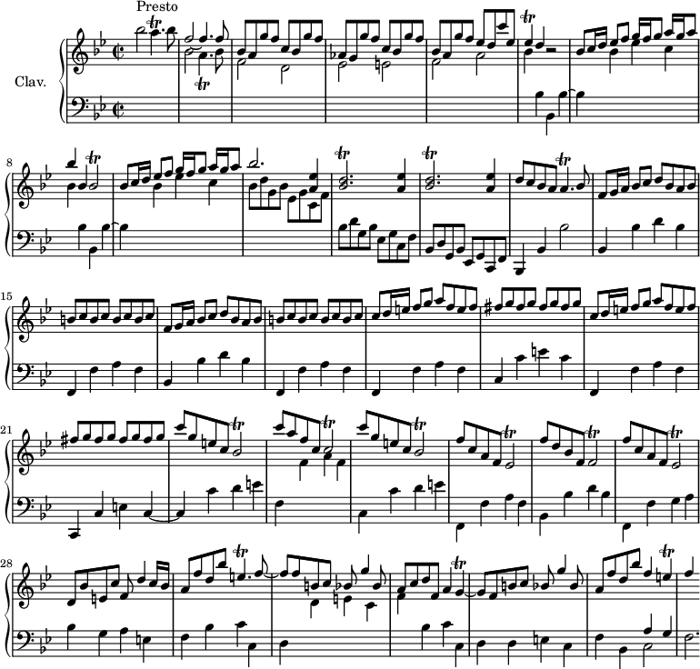 
\version "2.18.2"
\header {
  tagline = ##f
  % composer = "Domenico Scarlatti"
  % opus = "K. 16"
  % meter = "Presto"
}

%% les petites notes
trillAp      = { \tag #'print { a4.\trill } \tag #'midi { bes32 a bes a~ a4 } }
trillApB     = { \tag #'print { a4._\trill } \tag #'midi { bes32 a bes a~ a4 } }
trillEes     = { \tag #'print { ees4\trill } \tag #'midi { f32 ees f ees~ ees8 } }
trillBesb    = { \tag #'print { bes2\trill } \tag #'midi { c32 bes c bes~ bes8~ bes4 } }
trillBesDb   = { \tag #'print { < bes d >2.\trill } \tag #'midi { << { ees32 d ees d~ d8~ d2  } \\ { bes2. } >> } }
trillCb      = { \tag #'print { c2\trill } \tag #'midi { d32 c d c~ c8~ c4 } }
trillEesb    = { \tag #'print { ees2\trill } \tag #'midi { f32 ees f ees~ ees8~ ees4 } }
trillFb      = { \tag #'print { f2\trill } \tag #'midi { g32 f g f~ f8~ f4 } }
trillEpDown  = { \tag #'print { e,4.\trill } \tag #'midi { f32 e f e~ e4 } }
trillG       = { \tag #'print { g4\trill~ } \tag #'midi { a32 g a g~ g8~ } }
trillE       = { \tag #'print { e4\trill } \tag #'midi { f32 e f e~ e8 } }

upper = \relative c'' {
  \clef treble 
  \key bes \major
  \time 2/2
  \tempo 2 = 86
  \set Staff.midiInstrument = #"harpsichord"
  \override TupletBracket.bracket-visibility = ##f

      s8*0^\markup{Presto}
      bes'2 \trillAp bes8 | \stemUp f2~ f4. f8 | bes,8 a g' f c bes g' f | aes, g g' f c bes g' f | bes, a g' f ees d c' ees, |
      % ms. 6
      \trillEes d4 r2 | bes8 c16 d ees8[ f] g16 f g8 a16[ g a8] | bes4 bes, \trillBesb | bes8 c16 d ees8[ f] g16 f g8 a16[ g a8] | bes2. < a, ees' >4 |
      % ms. 11
      \repeat unfold 2 { \trillBesDb < a ees' >4 } | d8 c bes a \trillAp bes8 | \repeat unfold 2 { f8 g16 a bes8[ c] d bes a bes | \repeat unfold 4 { b c } }
      % ms. 18
      \repeat unfold 2 { c8 d16 e  f8[ g] a f e f | \repeat unfold 4 { fis g } } | c8 g e c \trillBesb | c'8 a f c \trillCb | c'8 g e c \trillBesb |
      % ms. 25
      f'8  c a f \trillEesb |  f'8 d bes f \trillFb | f'8  c a f \trillEesb | d8 bes' e, c' f,8 d'4 c16 bes | a8 f' d bes' \trillEpDown f8~ |
      % ms. 30
      f8 f b, c bes8 g'4 bes,8 | a8 c d f, a4 \trillG | g8 f b c bes8 g'4 bes,8 | a f' d bes' f4 \trillE | f4

}

lower = \relative c' {
  \clef bass
  \key bes \major
  \time 2/2
  \set Staff.midiInstrument = #"harpsichord"
  \override TupletBracket.bracket-visibility = ##f

    % ************************************** \appoggiatura a16  \repeat unfold 2 {  } \times 2/3 { }   \omit TupletNumber 
      s1 | \stemDown \change Staff = "upper"  bes'2 \trillApB bes8 | f2 d | ees e | f a |
      % ms. 6
      \repeat unfold 2 { bes4 \change Staff = "lower" bes, bes, bes'~ | bes4 \stemDown \change Staff = "upper"  bes' ees c } | bes8 d g, bes ees, g c, f \stemNeutral \change Staff = "lower" | 
      % ms. 11
      bes,8 d g, bes ees, g c, f | bes, d g, bes ees, g c, f | bes,4 bes' bes'2 | \repeat unfold 2 { bes,4 bes' d bes | f, f' a f } |
      % ms. 18
      f,4 f' a f | c c' e c |
      % ms. 20
      f,,4 f' a f | c, c' e c~ | c c' d e | f, \stemDown \change Staff = "upper" f' a f | \change Staff = "lower" c, c' d e |
      % ms. 25
      f,,4 f' a f | bes, bes' d bes | f, f' g a | bes g a e | f bes c c, |
      % ms. 30
      d4 \stemDown \change Staff = "upper" d' e c | f \change Staff = "lower" bes, c c, | d d e c | f bes, << { a'4 g } \\ { c,2 } >> | f2.*1/3

}

thePianoStaff = \new PianoStaff <<
    \set PianoStaff.instrumentName = #"Clav."
    \new Staff = "upper" \upper
    \new Staff = "lower" \lower
  >>

\score {
  \keepWithTag #'print \thePianoStaff
  \layout {
      #(layout-set-staff-size 17)
    \context {
      \Score
     \override SpacingSpanner.common-shortest-duration = #(ly:make-moment 1/2)
      \remove "Metronome_mark_engraver"
    }
  }
}

\score {
  \keepWithTag #'midi \thePianoStaff
  \midi { }
}
