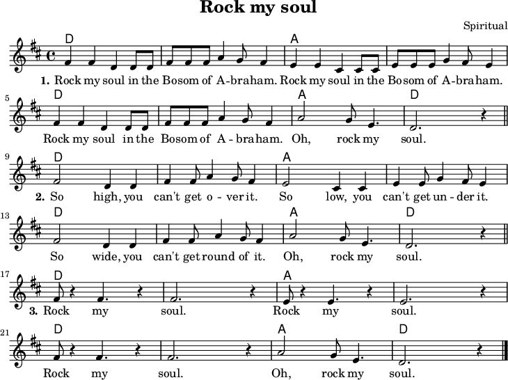 
\version "2.20.0"
\header {
  title = "Rock my soul"
  composer = "Spiritual"
  % arranger = "arr: ccbysa Mjchael"
}

myChords = \chordmode {

  \set Staff.midiInstrument = #"acoustic guitar (nylon)"
  % Akkorde nur beim Wechsel Notieren
  \set chordChanges = ##t

  \repeat volta 3 {
    d,4  d  d,  d  |  d,4  d  d,  d  |
    a,,4 a, a,, a, |  a,,4 a, a,, a, |
    d,4  d  d,  d  |  d,4  d  d,  d  |
    a,,4 a, a,, a, |  d,4  d  d,  d  |
  }
}

myMelody = \relative c' {
  \clef "treble"
  \time 4/4
  \tempo 4 = 120
  %Tempo ausblenden
  \set Score.tempoHideNote = ##t
  \key d\major
  \set Staff.midiInstrument = #"trombone"
  fis4 fis d d8 d | fis fis fis a4 g8 fis4 |
  e e cis cis8 cis | e e e g4 fis8 e4 | \break
  fis4 fis d d8 d | fis fis fis a4 g8 fis4 |
  a2 g8 e4. | d2. r4
  \bar "||" \break
  fis2 d4 4 | fis4 8 a4 g8 fis4 |
  e2 cis4 4 | e4 8 g4 fis8 e4 | \break
  fis2 d4 4 | fis4 8 a4 g8 fis4 |
  a2 g8 e4. | d2. r4
  \bar "||" \break
  fis8 r4 fis4. r4 | fis2. r4 |
  e8 r4 e4. r4 | e2. r4 |
  fis8 r4 fis4. r4 | fis2. r4 |
  a2 g8 e4. | d2. r4
  \bar "|."
}

myLyrics = \lyricmode {
  \set stanza = "1."
  Rock my soul in the Bo -- som of A -- bra -- ham.
  Rock my soul in the Bo -- som of A -- bra -- ham.
  Rock my soul in the Bo -- som of A -- bra -- ham.
  Oh, rock my soul.
  \set stanza = "2."
  So high, you can't get o -- ver it.
  So low, you can't get un -- der it.
  So wide, you can't get round of it.
  Oh, rock my soul.
  \set stanza = "3."
  Rock my soul.
  Rock my soul.
  Rock my soul.
  Oh, rock my soul.
}

\score {
  <<
    \new ChordNames { \unfoldRepeats \myChords }
    \new Voice = "Song" { \myMelody }
    \new Lyrics \lyricsto "Song" { \myLyrics }
    % \new TabStaff { \myChords } % Test
  >>
  \midi { }
  \layout { }
}

% unterdrückt im raw="1"-Modus das DinA4-Format.
\paper {
  indent=0\mm
  % DinA4 0 210mm - 10mm Rand - 20mm Lochrand = 180mm
  line-width=180\mm
  oddFooterMarkup=##f
  oddHeaderMarkup=##f
  % bookTitleMarkup=##f
  scoreTitleMarkup=##f
}
