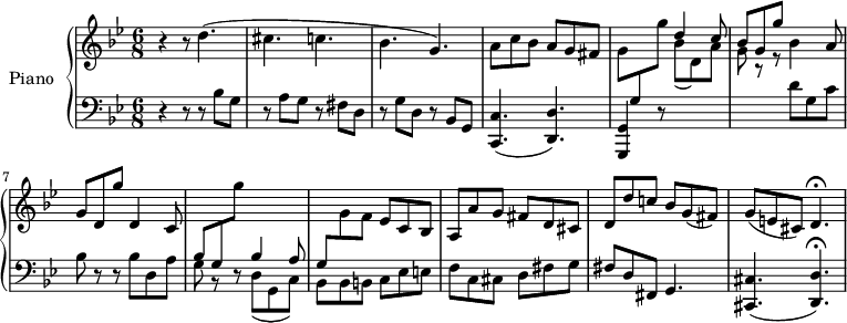 
\version "2.18.2"
\header {
  tagline = ##f
}
upper = \relative c'' {
  \clef treble 
  \key bes \major
  \time 6/8
  \tempo 8 = 200
  \tempo "Presto"
  %\autoBeamOff
  %\set Score.currentBarNumber = #41
  %\set Staff.midiInstrument = #"recorder"

  r4 r8 d4.( cis c! bes g) | 
 %%% mesure 4
  a8 c bes a g fis | g \change Staff = "lower" g, \change Staff = "upper" g'' 
 %%% fin de la mesure 5, début 6
  << { d4 c8 bes8 g g' } \\ { bes,(d,) a' g r8 r8 } >> 
  bes4 a8 | 
 %%% mesure 7
  g d g' d,4 c8 |
 %%% mesure 8
  \change Staff = "lower" bes g \change Staff = "upper" g'' s4.
  %%% \change Staff = "lower" bes,,4 a8 |
  %%% mesure 9
  \change Staff = "lower" g,,8 \change Staff = "upper" g' f ees c bes | a a' g fis d cis | d d' c! bes g( fis) |
  g( e! cis) d4.\fermata

}

lower = \relative c {
  \clef bass
  \key bes \major
  \time 6/8
    
   r4 r8 r8 bes' g r8 a g r8 fis d | r8 g d r8 bes g | < c c, >4.( < d d, >) | < g, g, >4 r8 
   %%%% \change Staff = "upper"  \change Staff = "lower" 
   s4. s4. d''8 g, c bes r8 r8 bes8 d, a' | 
   %%% mesure 8
   g r8 r8 << { bes4 a8 } \\ { d,( g, c) } >>
   %%% mesure 9 
   << { s4. } \\ { bes8-\! bes b! } >> c ees e! f c cis d fis g fis d fis, g4. | < cis cis, >4.( < d d, >)\fermata
   
} 

\score {
  \new PianoStaff <<
    \set PianoStaff.instrumentName = #"Piano"
    \new Staff = "upper" \upper
    \new Staff = "lower" \lower
  >>
  \layout {
    \context {
      \Score
      \remove "Metronome_mark_engraver"
    }
  }
  \midi { }
}
