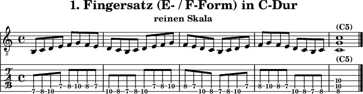 
\version "2.20.0"
\header {
  title="1. Fingersatz (E- / F-Form) in C-Dur"
  subtitle="reinen Skala"
}
%% Diskant- bzw. Melodiesaiten
Diskant = \relative c' {
  \set TabStaff.minimumFret = #7
  \set TabStaff.restrainOpenStrings = ##t
  \key c \major
  b,8 c d e f g f e
  d c b c d e f g
  f e d c b c d e
  f g f e d c b c
  <c g' c>1^\markup { \bold {(C5)} }
  \bar "|."
 }

%% Layout- bzw. Bildausgabe
\score {
  <<
    \new Voice  { 
      \clef "treble_8" 
      \time 4/4  
      \tempo 4 = 120 
      \set Score.tempoHideNote = ##t
      \Diskant 
    }
    \new TabStaff { \tabFullNotation \Diskant }
  >>
  \layout {}
}

%% Midiausgabe mit Wiederholungen, ohne Akkorde
\score {
  <<
    \unfoldRepeats {
      \new Staff  <<
        \tempo 4 = 120
        \time 4/4
        \set Staff.midiInstrument = #"acoustic guitar (nylon)"
        \clef "G_8"
        \Diskant
      >>
    }
  >>
  \midi {}
}
%% unterdrückt im raw="!"-Modus das DinA4-Format.
\paper {
  indent=0\mm
  %% DinA4 = 210mm - 10mm Rand - 20mm Lochrand = 180mm
  line-width=180\mm
  oddFooterMarkup=##f
  oddHeaderMarkup=##f
  % bookTitleMarkup=##f
  scoreTitleMarkup=##f
}
