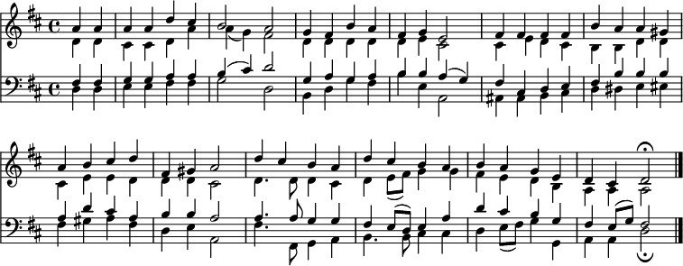 
<< <<
\new Staff { \clef treble \time 4/4 \partial 2 \key d \major \set Staff.midiInstrument = "church organ" \set Score.tempoHideNote = ##t \override Score.BarNumber  #'transparent = ##t
  \relative c'' 
  << { a4 a | a a d cis | b2 a | g4 fis b a | fis g e2 |
  fis4 fis fis fis | b a a gis | a b cis d | fis, gis a2 |
  d4 cis b a | d cis b a | b a g e | d cis d2\fermata\bar"|." } \\
  { d4 d | cis cis d a' | a( g) fis2 | d4 d d d | d e cis2 |
  cis4 e d cis | b b d d | cis e e d | d d cis2 |
  d4. d8 d4 cis | d e8( fis) g4 g | fis e d b | a a a2 } >>
}
\new Lyrics \lyricmode {
}
\new Staff { \clef bass \key d \major \set Staff.midiInstrument = "church organ"
  \relative c
  << { fis4 fis | g g a a | b( cis) d2 | g,4 a g a | b b a( g) |
  fis cis d e | fis b b b | a d cis a | b b a2 |
  a4. a8 g4 g | fis e8( d) e4 a | d cis b g | fis e8( g) fis2 } \\
  { d4 d | e e fis fis | g2 d | b4 d g fis | b e, a,2 | 
  ais4 ais b cis | d dis e eis | fis gis a fis | d e a,2 |
  fis'4. fis,8 g4 a | b4. b8 cis4 cis | d e8( fis) g4 g, | a a d2\fermata } >>
}
>> >>
\layout { indent = #0 }
\midi { \tempo 4 = 100 }
