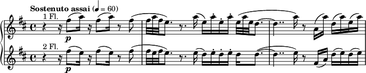  { \new PianoStaff << \new Staff \relative c'' { \set Staff.midiInstrument = #"flute" \clef treble \time 4/4 \tempo "Sostenuto assai" 4 = 60 \key b \minor r4^"1 Fl." r16 fis8\p( a16) r16 fis8( a16) r8 fis( | \scaleDurations 2/3 { fis32 a fis } e8.) r8. a16]( e)[ a-. e-. a-.] \scaleDurations 2/3 { e32( a e } d8.~ | d4.. a'16) r8 a,16( a') d,( a') e( a) | } \new Staff \relative c'' { \set Staff.midiInstrument = #"flute" \clef treble \time 4/4 \key b \minor r4^"2 Fl." r16 fis8\p( e16) r16 fis8( e16) r8 fis8( | \scaleDurations 2/3 { fis32 e fis } e8.) r8. e16]( d)[ e-. d-. e-.] d d8.(~ | d4.. e16) r8 fis,16( a) d( e) d(e) } >> } 