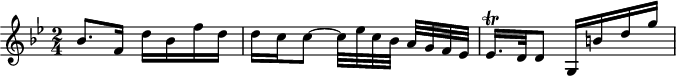 
\header {
  tagline = ##f
}

\score {
  \new Staff \with {

  }
<<
  \relative c'' {
    \key bes \major
    \time 2/4
    \override TupletBracket #'bracket-visibility = ##f 
    %\autoBeamOff

     %%%%%%% K15q
     bes8. f16 d'16 bes f' d d c c8~ c32 ees c bes a[ g f ees] ees16.\trill d32 d8 g,16 b'! d g
     
  }
>>
  \layout {
    \context {
      \remove "Metronome_mark_engraver"
    }
  }
  \midi {}
}
