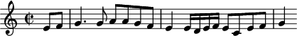 
\version "2.18.2"
\header {
  tagline = ##f
}

\score {
  \new Staff \with {

  }
<<
  \relative c' {
    \key c \major
    \time 2/2
    \tempo 2 = 68
    \override TupletBracket #'bracket-visibility = ##f 

     %%%%
     \partial 4 e8 f g4. g8 a8 a g f e4 e16 d e f e8 c e f g4

  }
>>
  \layout {
     \context { \Score \remove "Metronome_mark_engraver" }
  }
  \midi {}
}
