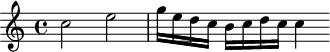 
\header {
  tagline = ##f
}

\score {
  \new Staff \with {

  }
<<
  \relative c'' {
    \key c \major
    \time 4/4
    \override TupletBracket #'bracket-visibility = ##f 
    \autoBeamOff

     %%%%%%%%%%%%%%%%%%%%%%%%%% K5a
     c2 e g16[ e d c] b[ c d c] c4

  }
>>
  \layout {
    \context {
      \remove "Metronome_mark_engraver"
    }
  }
  \midi {}
}
