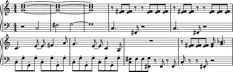 
\header { tagline = ##f }
\paper {
  system-system-spacing = #'((basic-distance . 1) (padding . 1))
}
\layout {  indent = 0 \context {\Score \remove "Bar_number_engraver" } }
global = { \key c \major \numericTimeSignature \time 4/4 }
right = \relative c'' { \global
  <e c g>1~ | <e c g>1~ | <e c g>1 |
  \repeat unfold 2 {r8 <e, fis> <e fis> r r <e fis> <e fis> <e fis> | }
  c4. e8~ e fis4 a8 |
  g4. e8~ e c4 a8 |
  R1 | r8 <e' fis> <e fis> <e fis> <e g> <g bes>4. |
}
left = \relative c { \global
  r2 c2 | fis g~ | g1 |
  \repeat unfold 2 { c,4. fis,8-. r2 | }
  \repeat unfold 4 { \stemDown c'8-. g'-. g,-. g'-. }
  <fis c> fis fis <g fis,> r \stemNeutral fis, r fis |
  c'-. r r fis,-. r2 |
}
\score {
  \new PianoStaff <<
    \new Staff = "right" \right
    \new Staff = "left" { \clef bass \left }
  >>
  \layout { }
  \midi {
    \tempo 4=172
  }
}
