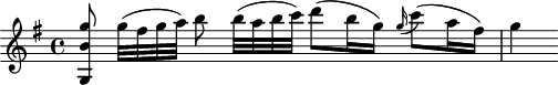 
\header {
  tagline = ##f
}

\score {
  \new Staff \with {

  }
<<
  \relative c'' {
    \key g \major
    \time 4/4
    \override TupletBracket #'bracket-visibility = ##f 
    \autoBeamOff

     %%%%%%%%%%% K 70/61c
     < g, b' g' >8 g''32[( fis g a)] b8 b32[( a b c)] d8[( b16 g)] \grace g16( c8)[( a16 fis)] g4

  }
>>
  \layout {
    \context {
      \remove "Metronome_mark_engraver"
    }
  }
  \midi {}
}
