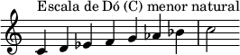  {
\override Score.TimeSignature #'stencil = ##f
\relative c' {
  \clef treble \time 7/4
  c4^\markup { Escala de Dó (C) menor natural} d es f g aes bes c2
  }

}
