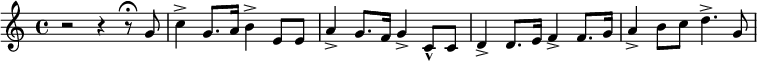 
\relative c'{
r2 r4 r8\fermata g'
c4-> g8. a16 b4-> e,8 e
a4-> g8. f16 g4-> c,8-^ c
d4-> d8. e16 f4-> f8. g16
a4-> b8 c d4.-> g,8
}
