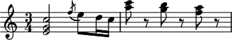 
\header {
  tagline = ##f
}

\score {
  \new Staff \with {

  }
<<
  \relative c'' {
    \key c \major
    \time 3/4
    \override TupletBracket #'bracket-visibility = ##f 
    \autoBeamOff

     %%%%%%%%%%%%%%%%%%%%%%%%%% K33f / Anh 201
     < c g e >2 \acciaccatura f8( e8)[ d16 c] < c' a >8 r8 < b g >8 r8 < a f >8 r8

  }
>>
  \layout {
    \context {
      \remove "Metronome_mark_engraver"
    }
  }
  \midi {}
}
