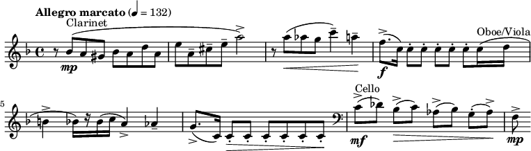 
  \relative c'' { \clef treble \time 4/4 \key d \minor \tempo "Allegro marcato" 4 = 132 r8 bes(^"Clarinet"\mp a gis bes a d a | e' a,-- cis-- e-- a2->) | r8 a(\< aes g c4--) a--\! | f8.->(\f c16) c8-. c-. c-. c-. c-. c16^"Oboe/Viola"( d | b4-> bes16)[ r bes( c] a4->) aes-- | g8.->( c,16) c8-.\> c-. c-. c-. c-. c-.\! | \clef bass c(->\mf^"Cello"[ des)] bes(\>->[ c)] aes->([ bes)] g(-.[ aes->)\!] | f\mp-> }
