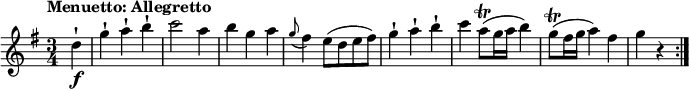 
  \relative c'' {
    \version "2.18.2"
    \key g \major
    \tempo "Menuetto: Allegretto"
    \time 3/4
    \tempo 4 = 120
   \partial 4 d4-!\f
   g-! a-! b-!
   c2 a4
   b g a
   \grace g8 (fis4) e8 (d e fis)
   g4-! a-! b-!
   c a8\trill (g16 a b4)
   g8\trill (fis16 g a4) fis
   g r \bar ":|."
}
