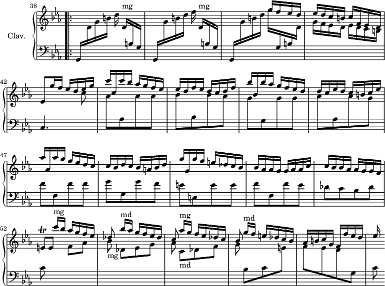 
\version "2.18.2"
\header { 
  tagline = ##f
}

%% les petites notes
trillEq     = { \tag #'print { e8\trill } \tag #'midi { f32 e f e } }

upper = \relative c'' {
  \clef treble
  \key c \minor
  \time 2/4
  \tempo 4 = 90
  \set Staff.midiInstrument = #"harpsichord"
  \omit Staff.TimeSignature
  \set Score.currentBarNumber = #38
    \bar ""

    \bar ".|:"
    \stemUp \change Staff = "lower" g,,16 \stemDown \change Staff = "upper" d''16 g b d  \stemUp d,16[^"mg" \stemUp \change Staff = "lower" b16 g] | g, \stemDown \change Staff = "upper" g''16 b d f \stemUp d,[^"mg" \stemUp \change Staff = "lower" b g] | g,16 \stemDown \change Staff = "upper" g''16 b d | \stemUp g16 f ees d | ees d c b c f, ees d | 
     % ms. 42
     ees8 g'16 f ees  d ees16 g | c16 c, c' bes aes g f ees | ees d f ees  d c d f | bes bes, bes' aes g f ees d | 
     % ms. 46
     d16 c ees d  c b c ees | aes aes, aes' g f ees d c | c bes d c bes a bes d | g g, g' f e des c bes |
     % ms. 50
     bes16 aes aes g  g aes aes c | c bes bes aes  aes g g f | \trillEq e8 \stemDown f aes | bes8 \stemUp bes'16[^"md" aes] g f ees des |
     % ms. 54
     c8 \stemDown c,[^"mg" des f] | g \stemUp g'16[^"md" f] e des c bes | aes b c g  f f' ees d | ees % << { s8 g8 f16 ees d c } \\ { ees16 f g d c8 } >> 

}

lower = \relative c' {
  \clef bass
  \key c \minor
  \time 2/4
  \set Staff.midiInstrument = #"harpsichord"
  \omit Staff.TimeSignature

    % *****************************
      s1 s4 \stemDown \change Staff = "upper" g''16 \stemUp \change Staff = "lower" g,,16 b \stemDown \change Staff = "upper" d16 | g16 f ees d  ees d c b |
      % ms. 42
      \stemUp \change Staff = "lower" c,4. \stemDown \change Staff = "upper" c''8 | aes[ \change Staff = "lower" aes, \change Staff = "upper" aes' aes] | bes[ \change Staff = "lower" bes,  \change Staff = "upper" bes' aes] | g[ \change Staff = "lower" g, \change Staff = "upper" g' g] | 
      % . ms. 46
      aes8[ \change Staff = "lower" aes, \change Staff = "upper" aes' g] | \change Staff = "lower" f[ f, f' f] | g[ g, g' f] | e[ e, e' e]
      % ms. 50
      f8[ f, f' ees] | des[ c bes  des] | c \stemUp \change Staff = "upper" c''16^"mg"[ bes] aes g f ees |  des8-"mg" \stemDown des,[ ees g] |
      % ms. 54
      aes8 \stemUp aes'16-"md"[ g] f ees des c | bes8 \stemDown \change Staff = "lower" bes,8[ c \change Staff = "upper" e] | f[ ees d  \change Staff = "lower" g,] | c

}

thePianoStaff = \new PianoStaff <<
    \set PianoStaff.instrumentName = #"Clav."
    \new Staff = "upper" \upper
    \new Staff = "lower" \lower
  >>

\score {
  \keepWithTag #'print \thePianoStaff
  \layout {
      #(layout-set-staff-size 17)
    \context {
      \Score
     \override SpacingSpanner.common-shortest-duration = #(ly:make-moment 1/2)
      \remove "Metronome_mark_engraver"
    }
  }
}

\score {
  \keepWithTag #'midi \thePianoStaff
  \midi { }
}
