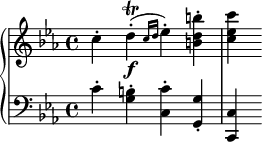 
    {
      \override Score.SpacingSpanner.strict-note-spacing = ##t
  \set Score.proportionalNotationDuration = #(ly:make-moment 1/8)
      \new PianoStaff <<
        \new Staff <<
            \relative c'' {
                \clef treble \key c \minor \time 4/4
                c4-. d-.(\f\trill \grace {c16 d} es4-.) <b d b'>-. <c es c'>
                }
            >>
        \new Staff <<
            \relative c' {
                \clef bass \key c \minor \time 4/4
                c4-. <g b>-. <c, c'>-. <g g'>-. <c, c'>
                }
            >>
    >> }
