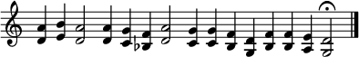 
\header {
 tagline = "Parallel organum at fifth and fourth"
 title = "Scholia enchiriadis"
 composer = "anon."  }
\relative c' { 
  \time 18/4
  \new Staff \with { \remove "Time_signature_engraver" } 
  <d a'> <e b'> <d a'>2 <d a'>4 <c g'> <bes f'> <d a'>2  <c g'>4 <c g'> <bes f'>  <g d'> <bes f'> <bes f'> <a e'> <g d'>2 \fermata \bar "|."
} 