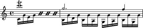 
\header {
  tagline = ##f
}

\score {
  \new Staff \with {

  }
<<
  \relative c' {
    \key c \major
    \time 4/4
    \override TupletBracket #'bracket-visibility = ##f 
    \autoBeamOff

     %%%%%%%%%%%%%%%%%%%%%%%%%% K28
     << { c''1\trill g2. f4 } \\ { \repeat percent 4 { c,16[ g' e g]} b, g' d g] b,[ g' a, g'] g,[ g' a, g'] b,[ g' g, g'] } >>

  }
>>
  \layout {
    \context {
      \remove "Metronome_mark_engraver"
    }
  }
  \midi {}
}
