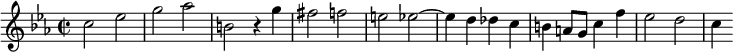 \relative c'{
    \clef treble
 \key c \minor
    \time 2/2
\set Staff.midiInstrument = "harpsichord"
    c'2 ees      | % 1
    g aes      | % 2
    b, r4 g'      | % 3
    fis2 f      | % 4
    e ees~      | % 5
    ees4 d des c      | % 6
    b a8 g c4 f      | % 7
    ees2 d \bar "|"     | % 8
    c4
}