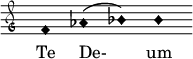  \relative c' { \clef "petrucci-g" \override Staff.TimeSignature #'stencil = ##f \set Score.timing = ##f \override Voice.NoteHead #'style = #'harmonic-black f1 as1( bes) bes } \addlyrics {Te De- um } 