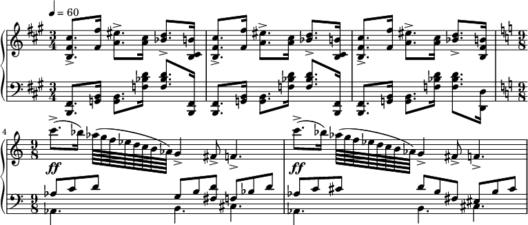 
{  \new PianoStaff <<
    \new Staff \relative c' { \clef treble \time 3/4 \key fis \minor \tempo 4 = 60 <cis' fis, b,>8.-> <fis fis,>16 <eis a,>8.-> <cis a>16 <d bes>8.-> <b cis, b>16 | <cis fis, b,>8.-> <fis fis,>16 <eis a,>8.-> <cis a>16 <d bes>8.-> <b cis, b>16 | <cis fis, b,>8.-> <fis fis,>16 <eis a,>8.-> <cis a>16 <d bes>8.-> <b fis b,>16 | \time 9/8 \key a \minor c'8.->(\ff[ bes16)] aes64([ g f ees d c b aes)] g4-> fis8-> f4.-> | c''8.->(\ff[ bes16)] aes64([ g f ees d c b aes)] g4-> fis8-> f4.-> }
    \new Staff \relative c { \clef bass \time 3/4 \key fis \minor <fis, b,>8. <b g>16 <b g>8. <d' bes f>16 <d bes f>8. <fis,, b,>16 | <fis b,>8. <b g>16 <b g>8. <d' bes f>16 <d bes f>8. <fis,, b,>16 | <fis b,>8. <b g>16 <b g>8. <d' bes f>16 <d bes f>8. <d, d,>16 | \time 9/8 \key a \minor << { aes'8 c d g, b <d fis,> f, bes d | aes8 c cis d b fis eis b' cis } \\ { aes,4. b cis | aes4. b cis } >> } >> }
