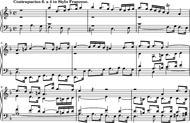 
% d'après édition de 1750 revue par CPE Bach. http://imslp.org/wiki/Special:ReverseLookup/23444
\new PianoStaff <<
  \new Staff = "right" <<
    \relative c''' {
      \key d \minor
      \time 4/4
      \tempo "Contrapuctus 6. a 4 in Stylo Francese."
      r1
      a4 d,8. e16 f8. g16 a4
      bes a8. g16 f4~ f16 e f g
      a8. g16 f e d c bes4\trill a
      a8. b16 c4~ c8. b16 cis8. d16
      e4~ e16 f e d cis4 d8. e16
      f8. e16 f8. d16 e2~
      e8. d16 c8. b16 a8. a'16 g8. f16
      e4 r r2
      r a,4 e'8. d16
    }
    \\
    \relative c' {
      \key d \minor
      \time 4/4
      r1 r r r r r
      d4 a8. b16 c8. d16 e4
      f e8. d16 c4~ c16 b c d
      e2~ e4 d~
      d8. b16 e8. d16 c8. d16c8. b16
    }
  >>
  \new Staff = "left" {
    \clef bass <<
      \relative c' {
        \key d \minor
        \time 4/4
        r1 r r r r r
        d4 a8. b16 c8. d16 e4
        f e8. d16 c4~ c16 b c d
        e2~ e4 d~
        d8. b16 e8. d16 c8. d16c8. b16
      }
      \\
      \relative c {
        \key d \minor
        \time 4/4
        d2 a'4. g8
        f4. e8 d2
        cis d4. e8
        f2~ f8. g16 f8. e16
        d8. d,16 e8. f16 g8. a16 g8. f16
        e8. e'16f8. g16 a8. bes16 a8. g16
        f4 d a'2~
        a1~
        a8. e16 a8. g16 f8. e16 f8. d16
        e4. e8 f8. e16 fis8. gis16
      }
    >>
  }
>>
