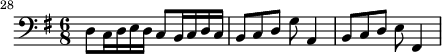  {
#(set-global-staff-size 18)
\set Score.currentBarNumber = #28
\bar ""
\key g \major \time 6/8
\relative c { 
   \clef bass
   d8 c16 d e d c8 b16 c d c
   b8 c d g a,4
   b8 c d e fis,4
} }
