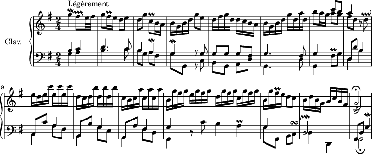 
\version "2.18.2"
\header {
  tagline = ##f
  % composer = "Joseph-Hector Fiocco"
  % opus = "opus 1"
  % meter = "Légèrement"
}

%% les petites notes
mordGUp     = { \tag #'print { g'4\mordent } \tag #'midi { g32 fis g16~ g8 } }
mordG       = { \tag #'print { g4\mordent } \tag #'midi { g32 fis g16~ g8 } }
mordA       = { \tag #'print { a4\mordent } \tag #'midi { a32 g a16~ a8 } }
mordDb      = { \tag #'print { d2\upmordent } \tag #'midi { d32 e d e~ e8~ e4 } }

mordFisqp   = { \tag #'print { fis8.\downprall } \tag #'midi { g32 fis g fis g fis } }
trillFisqq  = { \tag #'print { fis16\prall } \tag #'midi { \times 2/3 { fis32 g fis } } }
trillCqDown = { \tag #'print { c,8\prall } \tag #'midi { d32 c d c } }
trillFqUp   = { \tag #'print { fis'8\prall } \tag #'midi { g32 fis g fis } }
trillDq     = { \tag #'print { d8\prallup } \tag #'midi { e32 d e d } }
trillA      = { \tag #'print { a4\prall } \tag #'midi { b32 a b a~ a8 } }
turnCq      = { \tag #'print { c8^\turn } \tag #'midi { d32 c b c } }

upper = \relative c'' {
  \clef treble 
  \key g \major
  \time 2/4
  \tempo 4 = 88
  \set Staff.midiInstrument = #"harpsichord"

      s8*0^\markup{Légèrement}
      \mordGUp \mordFisqp e32 fis | g8 \trillFisqq e16 d8 e | d g \trillCqDown b16 a | b g b d g8 e | d16 fis g d d c b a |
      % ms. 6
      b16 g b d g d a' d, | b'8 a16 g 
      << { c8 b } \\ { a8 g } >> | 
      << { a4 } \\ { fis8 d } >> r8 \trillDq | e16 d  \repeat unfold 3 { e c' } d,16 c  \repeat unfold 3 { d b' } c,16 b  \repeat unfold 3 { c a' }
      % ms. 12
      b,16 g' fis g e g fis g | d g fis g c, g' fis g | b, g' \trillFisqq e16 d8 c | b16 d b g a c a fis << { g2\fermata } \\ { b,2 } \\ { d2 } >>
      % ms. 18
      
}

lower = \relative c' {
  \clef bass
  \key g \major
  \time 2/4
  \set Staff.midiInstrument = #"harpsichord"

    % ************************************** \appoggiatura a16  \repeat unfold 2 {  } \times 2/3 { }   \omit TupletNumber 
      << { b4 c | d4. c8 | b4 \mordA | \mordG r8 g8 | g g g fis } 
      \\ { g4 a | b4. c8 | b g a fis | g8 g, r8 c8 | b g a d } >>
      % ms. 6
      << { g4. fis8 | g4 } \\ { g,4. d'8 | g,4 } >> \trillFqUp g8 | 
      << { d8 d' b4 | c,8 c' a4 | b,8 b' g4 | a,8 a' fis4 } 
      \\ { d4 b' c, a'8 fis | b,4 g'8 e | a,4 fis'8 d } >>
      % ms. 12
      << { g4 } \\ { g,4 } >> r8 c'8 | b4 \trillA | 
      << { g4 s4 | \mordDb | g,8 d' \mordG } 
      \\ { g8 g, b \turnCq | { \tag #'print d4 \tag #'midi r4 } d, | g2\fermata } >>
      % ms. 18
      

}

thePianoStaff = \new PianoStaff <<
    \set PianoStaff.instrumentName = #"Clav."
    \new Staff = "upper" \upper
    \new Staff = "lower" \lower
  >>

\score {
  \keepWithTag #'print \thePianoStaff
  \layout {
      #(layout-set-staff-size 17)
    \context {
      \Score
     \override TupletBracket.bracket-visibility = ##f
     \override SpacingSpanner.common-shortest-duration = #(ly:make-moment 1/2)
      \remove "Metronome_mark_engraver"
    }
  }
}

\score {
  \keepWithTag #'midi \thePianoStaff
  \midi { }
}
