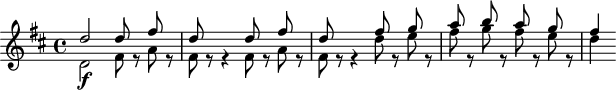 
\header {
  tagline = ##f
}

\score {
  \new Staff \with {

  }
<<
  \relative c'' {
    \key d \major
    \time 4/4
    \override TupletBracket #'bracket-visibility = ##f 
    \autoBeamOff

     %%%%%%%%%%% K 73n/95 - remonter les silences
     << { d2 d8 s8 fis8 s8 d8 s8 s4 d8 s8 fis8 s8 d8 s8 s4 fis8 s8 g8 s8 a8 s8 b8 s8 a8 s8 g8 s8 fis4 } \\ { d,2\f fis8 r8 a8 r8 fis8 r8 r4 fis8 r8 a8 r8 fis8 r8 r4 d'8 r8 e8 r8 fis8 r8 g8 r8 fis8 r8 e8 r8 d4 } >>

  }
>>
  \layout {
    \context {
      \remove "Metronome_mark_engraver"
    }
  }
  \midi {}
}
