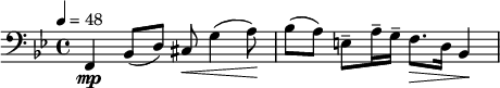 
  \relative c { \clef bass \time 4/4 \key bes \major \tempo 4 = 48 f,\mp bes8( d) cis\< g'4( a8)\! | bes( a) e-- a16-- g-- f8.\> d16 bes4\! }
