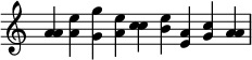 
\relative g {
  \time 9/4
  \new Staff \with { \remove "Time_signature_engraver" } 
   <a' a> <a e'> <g g'> <a e'> <c c> <b e> <a e> <g c> <a a> \bar "|"
} 