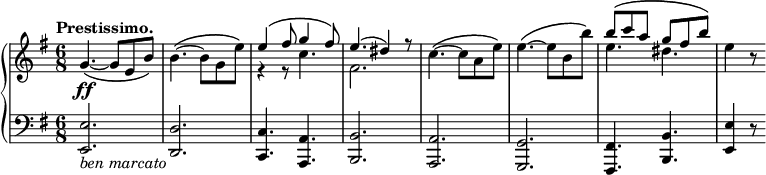 
\version "2.14.1"
\relative c {
	\new PianoStaff <<
		\new Staff {
            \set Score.tempoHideNote = ##t
			\tempo "Prestissimo." 4=215
			\key g \major
			\time 6/8
			g''4.\ff~\( g8 e b'\)
			b4.~\( b8 g e'\)
			<<
				{ e4\( fis8 g4 fis8\)
				e4.( dis4) r8 }
				\\
				{ r4 r8 c4.
				fis,2. }
			>>
			c'4.~\( c8 a e'\)
			e4.~\( e8 b b'\)
			<<
				{ b\( c a g fis b\) }
				\\
				{ e,4. dis }
			>>
			e4 r8
		}
		\new Staff {
			\key g \major
			\clef bass
			<e,,, e'>2._\markup{\italic "ben marcato"}
			<d d'>
			<c c'>4. <a a'>
			<b b'>2.
			<a a'>
			<g g'>
			<fis fis'>4. <b b'>
			<e e'>4 r8
		}
	>>
}
