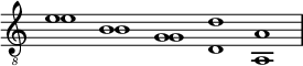 \new Staff \with {\remove "Time_signature_engraver"}{\time 5/1\clef "G_8" { << {e'1 b g d' a} \\ {e' b g d a,} >>}}