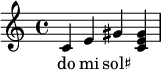 
{
   <<
   \relative c' {
      \key c \major
      \time 4/4
      \transposition c'
      c e gis << gis e c >>
      }
   \addlyrics { do mi sol♯
      }
   >>
}
