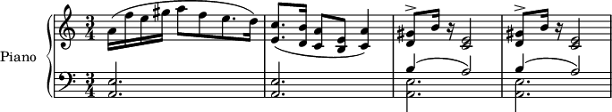 
\version "2.14.2"
\header {
  tagline = ##f
}
 quinte = { < e a, >2. }
 ninner = { < d gis >8^> b'16 r16 < c, e >2 }

upper = \relative c'' {
  \clef treble
  \key a \minor
  \time 3/4
  \tempo 4 = 55
  %\autoBeamOff

    %%%% mesures 49 sqq (= 27 sqq) Ajouter la voix et les deux autres répétitions
    a16( f' e gis a8[ f e8. d16]) | < e, c' >8.( < d b' >16 < c a' >8 < b e > < c a' >4) |
    \ninner \ninner

}

lower = \relative c {
  \clef bass
  \key a \minor
  \time 3/4

   \quinte \quinte << { b'4( a2) } \\ { \quinte } >>
   << { b'4( a2) } \\ { \quinte } >>
}

\score {
  \new PianoStaff <<
    \set PianoStaff.instrumentName = #"Piano"
    \new Staff = "upper" \upper
    \new Staff = "lower" \lower
  >>
  \layout {
    \context {
      \Score
      \remove "Metronome_mark_engraver"
    }
  }
  \midi { }
}
