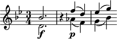 
\header {
  tagline = ##f
}

\score {
  \new Staff \with {

  }
<<
  \relative c'' {
    \key bes \major
    \time 3/4
    \override TupletBracket #'bracket-visibility = ##f 
    \autoBeamOff

     %%%%%%%%%%%%%%%%%%%%%%%%%% K45b
    << { bes2. } \\ { d,2.\f } >>
    r4
    << { f'4( d) ees( g) } \\ { aes,4\p( f) g( bes) } >>

  }
>>
  \layout {
    \context {
      \remove "Metronome_mark_engraver"
    }
  }
  \midi {}
}
