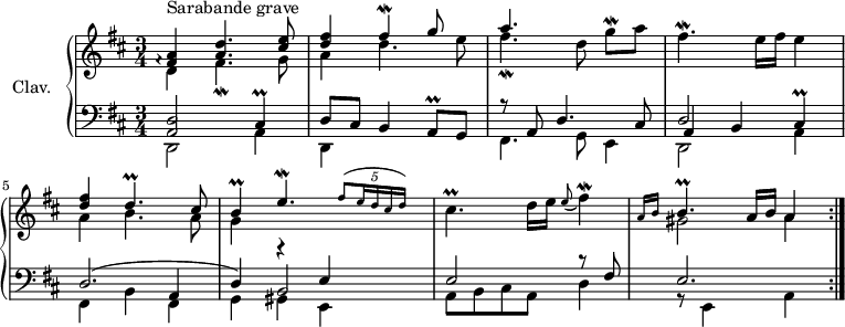 
\version "2.18.2"
\header {
  tagline = ##f
}

%% les petites notes
Mordgh     = { \tag #'print { g8\mordent[ } \tag #'midi { g32 fis g16 }  }
Mordeqp    = { \tag #'print { e4.\mordent } \tag #'midi { e32 d e16~ e4 }  }
Mordfisq   = { \tag #'print { fis4\mordent) } \tag #'midi { fis32 e fis16~ fis8 }  }
Mordfisqp  = { \tag #'print { fis4.\mordent } \tag #'midi { fis32 e fis16~ fis4 }  }

Prallcisqp = { \tag #'print { cis4.\prall } \tag #'midi { \times 2/3 { d32 cis d } cis16~ cis4 }  }
Prallfisq  = { \tag #'print { fis4.\prall } \tag #'midi { \times 2/3 { g32 fis g } fis16~ fis4 }  }
Pralldqp   = { \tag #'print { d4.\prall } \tag #'midi { \times 2/3 { e32 d e } d16~ d4 }  }

Prallcisq  = { \tag #'print { cis4\prall } \tag #'midi { \times 2/3 { d32 cis d } cis16~ gis8 }  }
Prallbq    = { \tag #'print { b4\prall } \tag #'midi { \times 2/3 { cis32 b cis } b16~ b8 }  }
Prallbqp   = { \tag #'print { b4.\prall } \tag #'midi { \times 2/3 { cis32 b cis } b16~ b4 }  }

Prallah    = { \tag #'print { a8\prall } \tag #'midi { \times 2/3 { b32 a b } a16 }  }

upper = \relative c' {
  \clef treble 
  \key d \major
  \time 3/4
  \tempo 4 = 60
  \set Staff.midiInstrument = #"harpsichord"
  \override TupletBracket #'bracket-visibility = ##f

\repeat volta 4 {
  << { < fis a >4\arpeggio^"Sarabande grave" < a d >4. < cis e >8  } \\ { d,4\arpeggio \Mordfisqp g8 } >>
  << { < d' fis >4 \Mordfisq g8  } \\ { a,4 d4. e8 } >>
  << { a4.  } \\ { \Mordfisqp } >> d8 \Mordgh a8] 
  \Mordfisqp e16 fis e4
  << { < d fis >4 \Pralldqp cis8  } \\ { a4 b4. a8 } >>
  << { \Prallbq \Mordeqp {\grace \times 8/5 { fis8([ e16 d cis d]) }} s8 } \\ { g,4 } >>
  \Prallcisqp d16 e \grace e8( \Mordfisq 
  << { \grace { a,16[ b16] } \Prallbqp a16 b a4 } \\ { gis!2 a4 } >>
  }
}

lower = \relative c, {
  \clef bass
  \key d \major
  \time 3/4
  \set Staff.midiInstrument = #"harpsichord"
    % **************************************
\repeat volta 4 {
   << { < d' a >2 \Prallcisq } \\ { d2 < a' >4 } >>
   << { d8 cis b4 \Prallah g8 } \\ { d4 } >>
   << { r8 a'8 d4. cis8 } \\ { fis,4. g8 e4 } >>
   << { d'2 \Prallcisq } \\ { d2 a'4 } \\ { a4 b } >>
   << { d2.( } \\ { fis,4 b fis } \\ { s2 a4 } >>
   << { d4) r4 e } \\ { g,4 gis e }  \\ { s4 b'2 } >>
   << { e2 r8 fis8 } \\ { a,8 b cis a d4 } >>
   << { e2. } \\ { r8 e,4 s8 a4 } >>
   }
} 

thePianoStaff = \new PianoStaff <<
    \set PianoStaff.instrumentName = #"Clav."
    \new Staff = "upper" \upper
    \new Staff = "lower" \lower
  >>

\score {
  \keepWithTag #'print \thePianoStaff
  \layout {
    \context {
      \Score
      \remove "Metronome_mark_engraver"
    }
  }
}

\score {
  \keepWithTag #'midi \thePianoStaff
  \midi { }
}
