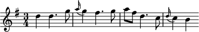 
\header {
  tagline = ##f
}

\score {
  \new Staff \with {

  }
<<
  \relative c'' {
    \key g \major
    \time 3/4
    \override TupletBracket #'bracket-visibility = ##f 
    \autoBeamOff

     %%%%%%%%%%% K 80
     d4 d4. g8 \grace a16( g4) fis4. g8 a[ fis] d4. c8 \grace d16( c4) b

  }
>>
  \layout {
    \context {
      \remove "Metronome_mark_engraver"
    }
  }
  \midi {}
}
