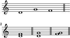 
\layout {
line-width = 60\mm
indent = 0\mm
}
\relative c''{
\clef treble \time 3/1 \hide Staff.TimeSignature
d,1 g f \bar "||" \break
\time 1/1 <d f> \bar "||" <d g> \bar "||" <f g> \bar "||"
}
