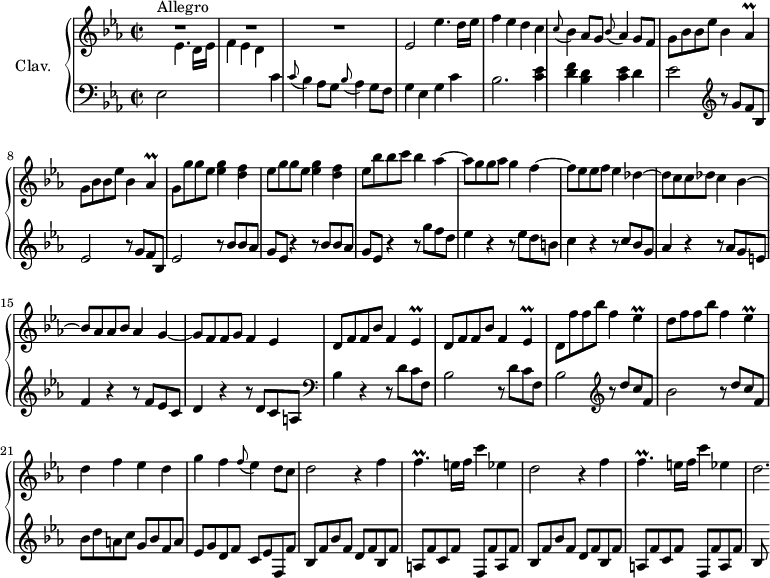 
\version "2.18.2"
\header {
  tagline = ##f
  % composer = "Domenico Scarlatti"
  % opus = "K. 192"
  % meter = "Allegro"
}

%% les petites notes
trillAesp     = { \tag #'print { aes4\prall } \tag #'midi { bes32 aes bes aes~ aes8 } }
trillEesp     = { \tag #'print { ees4\prall } \tag #'midi { f32 ees f ees~ ees8 } }
trillFp       = { \tag #'print { f4.\prall } \tag #'midi { g32 f g f~ f4 } }

upper = \relative c'' {
  \clef treble 
  \key ees \major
  \time 2/2
  \tempo 2 = 72
  \set Staff.midiInstrument = #"harpsichord"
  \override TupletBracket.bracket-visibility = ##f

      s8*0^\markup{Allegro}
      R1*3 | ees,2 ees'4. d16 ees |
      % ms. 5
      f4 ees d c | \appoggiatura c8 bes4 aes8 g \appoggiatura bes8 aes4 g8 f  | \repeat unfold 2 { g8 bes bes ees bes4 \trillAesp }
      % ms. 9
      g8 \repeat unfold 2 { g' g ees < ees g >4 < d f > | ees8 } bes' bes c bes4 aes4~ | aes8 g g aes g4 f~ |
      % ms. 13
      f8 ees ees f ees4 des~ | des8 c c des c4 bes~ | bes8 aes aes bes aes4 g~ | g8 f f g f4 ees |
      % ms. 17
      \repeat unfold 2 { d8 f f bes f4 \trillEesp } | d8 f' f bes f4 \trillEesp | d8 f f bes f4 \trillEesp |
      % ms. 21
      d4 f ees d | g f \appoggiatura f8 ees4 d8 c | \repeat unfold 2 { d2 r4 f4 | \trillFp e16 f c'4 ees, } |
      % ms. 25
      d2.*1/4

}

lower = \relative c' {
  \clef bass
  \key ees \major
  \time 2/2
  \set Staff.midiInstrument = #"harpsichord"
  \override TupletBracket.bracket-visibility = ##f

    % ************************************** \appoggiatura a16  \repeat unfold 2 {  } \times 2/3 { }   \omit TupletNumber 
      ees,2 \stemDown \change Staff = "upper" ees'4. d16 ees | f4 ees d \stemNeutral \change Staff = "lower" c | \appoggiatura c8 bes4 aes8 g \appoggiatura bes8 aes4 g8 f  | g4 ees g c |
      % ms. 5
      bes2. < c ees >4 | < d f > < bes d > < c ees > d | ees2   \clef treble \repeat unfold 2 { r8 g8 f bes, |
      % ms. 9
      ees2 } \repeat unfold 2 { r8 bes'8 bes aes | g ees r4 } r8 g'8 f d | ees4 r4 r8 ees8 d b |
      % ms. 13
      c4 r4 r8 c8 bes g | aes4 r4 r8 aes8 g e | f4 r4 r8 f8 ees c | d4 r4 r8 d8 c a | \clef bass 
      % ms. 17
      bes4 r4 \repeat unfold 2 { r8 d8 c f, | bes2 } \clef treble r8 d'8 c f, bes2 r8 d8 c f, |
      % ms. 21
      bes8 d a c g bes f a | ees g d f c ees f, f' |  \repeat unfold 2 { bes, f' bes f d f bes, f' | a, f' c f f, f' a, f' } |
      % ms. 25
      bes,8

}

thePianoStaff = \new PianoStaff <<
    \set PianoStaff.instrumentName = #"Clav."
    \new Staff = "upper" \upper
    \new Staff = "lower" \lower
  >>

\score {
  \keepWithTag #'print \thePianoStaff
  \layout {
      #(layout-set-staff-size 17)
    \context {
      \Score
     \override SpacingSpanner.common-shortest-duration = #(ly:make-moment 1/2)
      \remove "Metronome_mark_engraver"
    }
  }
}

\score {
  \keepWithTag #'midi \thePianoStaff
  \midi { }
}
