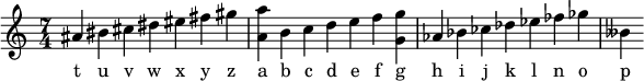 {
  <<
    \new Voice = "one" {
\relative c''{
\time 7/4
ais bis cis dis eis fis gis
<a a,> b, c d e f <g g,> 
as, bes ces des es fes ges 
beses,
}
    }
    \new Lyrics \lyricsto "one" {
t u v w x y z
a b c d e f g 
h i j k l n o 
p 
    }
  >>
}