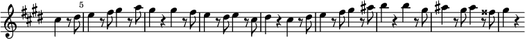 
\relative c'' \new Staff \with { \remove "Time_signature_engraver" } {
 \key cis \minor \time 2/2
 \set Score.tempoHideNote = ##t \tempo 2 = 132
 \set Staff.midiInstrument = "violin"
 \partial 2 cis4 r8 dis |
 \once \override Score.BarNumber #'break-visibility = ##(#f #t #t) \set Score.currentBarNumber = #5 \bar "|"
 e4 r8 fis gis4 r8 a |
 gis4 r gis r8 fis |
 e4 r8 dis e4 r8 cis |
 dis4 r cis r8 dis |
 e4 r8 fis gis4 r8 ais |
 b4 r b r8 gis |
 ais4 r8 gis ais4 r8 fisis |
 gis4 r
}
