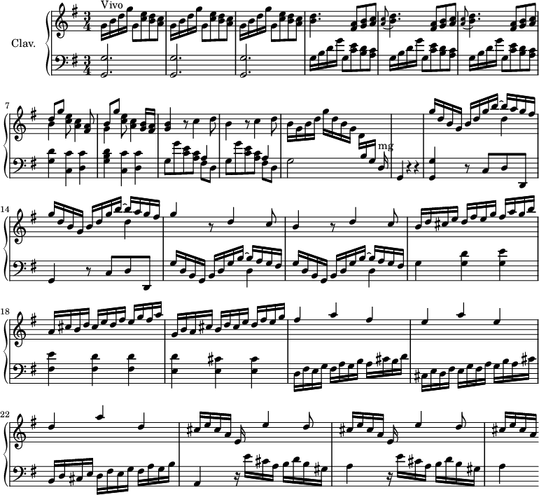 
\version "2.18.2"
\header {
  tagline = ##f
}

%% les petites notes
trillFp     = { \tag #'print { f4.\prall } \tag #'midi { g32 f g f~ f4 } }

% \times 2/3 {
upper = \relative c'' {
  \clef treble 
  \key g \major
  \time 3/4
  \tempo 4 = 92
  \set Staff.midiInstrument = #"harpsichord"

     s8*0^\markup{Vivo}
     \repeat unfold 3 { g16 b d g g,8 < c e > < b d > < a c > } | < b d >4. < fis a >8 < g b > < a c > |
     % ms. 5
     \repeat unfold 2 { \appoggiatura < a c >8 < b d >4. < fis a >8 < g b > < a c > } | << { d8[ g] } \\ { b,4 } >> < c e >8 < a c >4 < fis a >8 | << { b8[ g'] } \\ { g,4 } >> < c e >8 < a c >4 < g b >16 < fis a > |
     % ms. 9
     < g b >4 r8 c4 d8 | b4 r8 c4 d8 | b16 g b d g d b g \stemDown d[ \stemUp \change Staff = "lower" b g] d16^\markup{mg} | s2. \change Staff = "upper"
     % ms. 13
     \repeat unfold 2 { << { g''16 d b g b d g b~ b a g fis } \\ { s2 d4 } >> } | g4 r8 d4 c8 | b4 r8 d4 c8 |
     % ms. 17
     b16 d cis e d fis e g fis a g b | a, cis b d cis e d fis e g fis a | g, b a cis b d cis e d fis e g | fis4 a fis |
     % ms. 21
     e4 a e  | d a' d, | \repeat unfold 2 { cis16 e cis a e s16 e'4  d8 } |
     % ms. 25
     cis16 e cis a

}
 
lower = \relative c' {
  \clef bass
  \key g \major
  \time 3/4
  \set Staff.midiInstrument = #"harpsichord"

    % **************************************
     < g, g' >2. q q | \repeat unfold 3 { g'16 b d g g,8 < c e > < b d > < a c > } |
     % ms. 7
     < g d' >4 < c, c' > < d c' > | < g b d >  < c, c' > < d c' > |
     % ms. 9
     \repeat unfold 2 { g8 g' < c, e > < a c > << { a4 } \\ { fis8 d } >> } | g2 s4 | g,4 r4 r4 |
     % m. 13
     < g g' >4 r8 c8 d d, | g4 r8 c8 d d, | \repeat unfold 2 { << { g'16 d b g b d g b~ b a g fis } \\ { s2 d4 } >> } |
     % ms. 17
     g4 < g d' > < g e' > | < fis e' > < fis d' > q | < e d' > < e cis' > q | d16 fis e g fis a g b a cis b d |
     % ms. 21
     cis, e d16 fis e g fis a g b a cis | b, d cis e d16 fis e g fis a g b | a,4 \repeat unfold 2 { r16 e''16 cis a b d b gis a4 } |
     % ms. 25
     

} 

thePianoStaff = \new PianoStaff <<
    \set PianoStaff.instrumentName = #"Clav."
    \new Staff = "upper" \upper
    \new Staff = "lower" \lower
  >>

\score {
  \keepWithTag #'print \thePianoStaff
  \layout {
      #(layout-set-staff-size 17)
    \context {
      \Score
     \override SpacingSpanner.common-shortest-duration = #(ly:make-moment 1/2)
      \remove "Metronome_mark_engraver"
    }
  }
}

\score {
  \keepWithTag #'midi \thePianoStaff
  \midi { }
}
