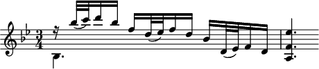 
\header {
  tagline = ##f
}

\score {
  \new Staff \with {

  }
<<
  \relative c'' {
    \key bes \major
    \time 3/4
    \override TupletBracket #'bracket-visibility = ##f 
    \autoBeamOff

     %%%%%%%%%%%%%%%%%%%%%%%%%% K15
    << { r16 bes'32[_( c) d16 bes] f16[ d32_( ees) f16 d] } \\ { bes,4. } >> 
    bes'16[ d,32_( ees) f16 d] < ees' f, a, >4.
    
  }
>>
  \layout {
    \context {
      \remove "Metronome_mark_engraver"
    }
  }
  \midi {}
}
